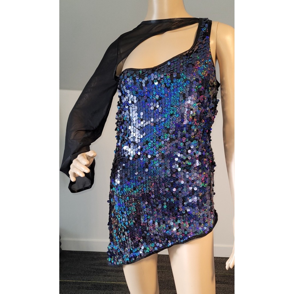 Sexy Women Navy  Sequin One Sleeve  Mini Club Party Cocktail‎ Dress Small LB3048